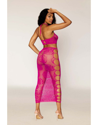 Ensemble Soutien-gorge et jupe longue en filet rose