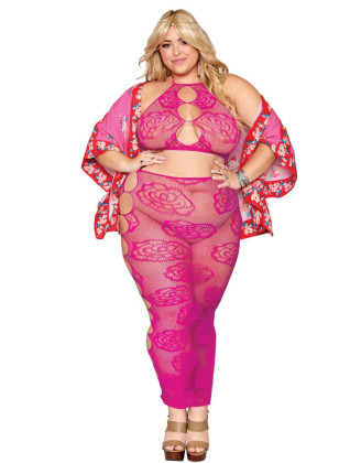 Ensemble Soutien-gorge et jupe longue en filet rose, grande taille