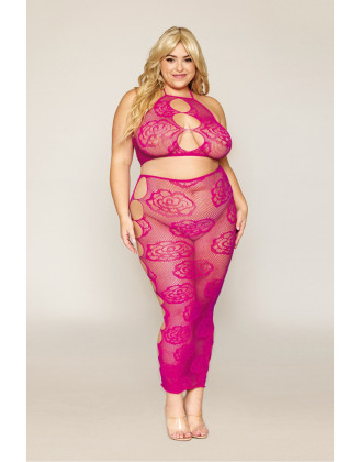Ensemble Soutien-gorge et jupe longue en filet rose, grande taille
