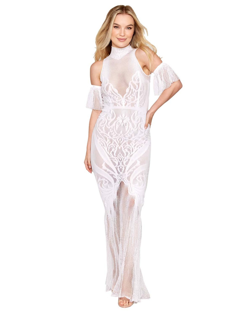 Robe bodystocking en résille et dentelle blanche