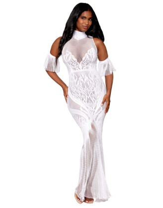 Robe bodystocking en résille et dentelle blanche