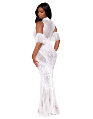 Robe bodystocking en résille et dentelle blanche
