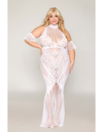 Robe bodystocking, grande taille, en résille t dentelle blanche