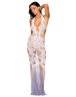 Robe bodystocking blanche sans couture avec motif de dentelle personnalisé et motifs en résille
