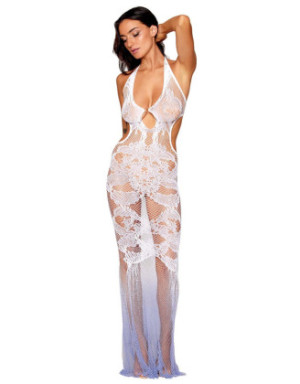 Robe bodystocking blanche sans couture avec motif de dentelle personnalisé et motifs en résille