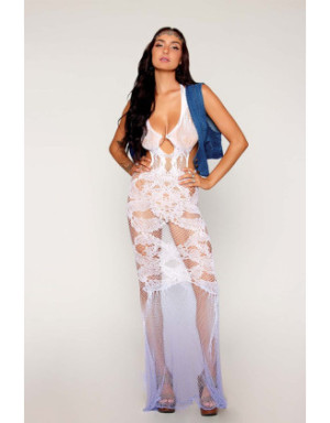 Robe bodystocking blanche sans couture avec motif de dentelle personnalisé et motifs en résille