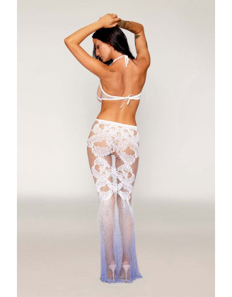 Robe bodystocking blanche sans couture avec motif de dentelle personnalisé et motifs en résille