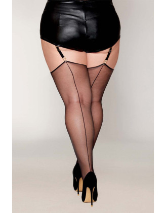 Bas noir, grande taille, en résille transparente avec couture arrière 