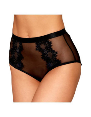 Culotte en résille et dentelle noire avec jarretelles roses