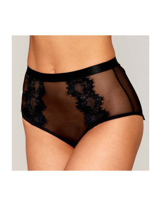 Culotte en résille et dentelle noire avec jarretelles roses