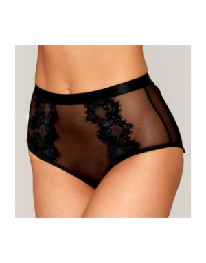 Culotte en résille et dentelle noire avec jarretelles roses
