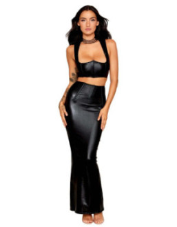 Ensemble Soutien-gorge et jupe longue noir en simili cuir