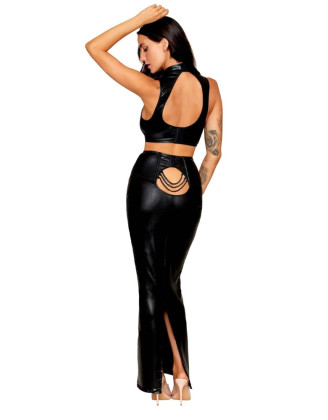 Ensemble Soutien-gorge et jupe longue noir en simili cuir