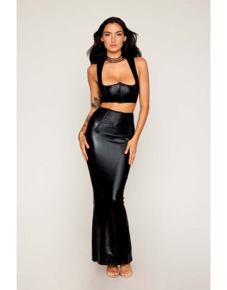 Ensemble Soutien-gorge et jupe longue noir en simili cuir
