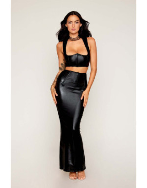 Ensemble Soutien-gorge et jupe longue noir en simili cuir