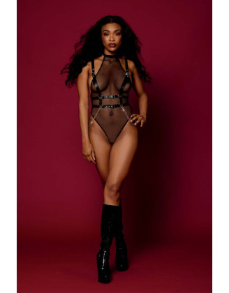 Body en résille avec Harnais simili cuir et chaines