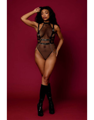 Body en résille avec Harnais simili cuir et chaines