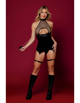 Body BDSM noir en maille avec corset / porte-jarretelles, simili cuir, intégré