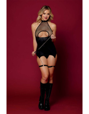 Body BDSM noir en maille avec corset / porte-jarretelles, simili cuir, intégré