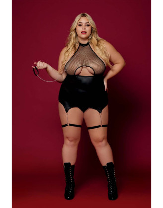 Body BDSM noir, grande taille, en maille avec corset / porte-jarretelles, simili cuir, intégré