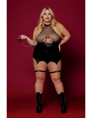Body BDSM noir, grande taille, en maille avec corset / porte-jarretelles, simili cuir, intégré