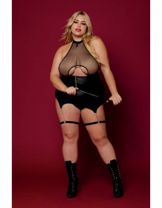 Body BDSM noir, grande taille, en maille avec corset / porte-jarretelles, simili cuir, intégré