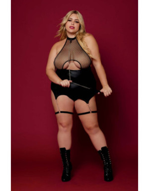 Body BDSM noir, grande taille, en maille avec corset / porte-jarretelles, simili cuir, intégré