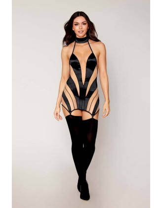 Nuisette stylée noire et transparence avec porte-jarretelles