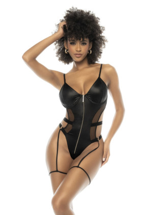 Bodystring avec armatures en wetlook noir avec zip fonctionnel sur le devant et porte jarretelles avec jarretières