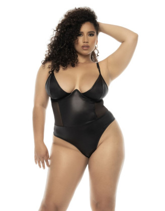 Bodystring Bibi grande taille en wetlook noir avec armatures, bretelles réglables