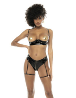 Ensemble 2 pièces, en vinyl et résille noir, soutien gorge seins nus et string avec zip fonctionnel