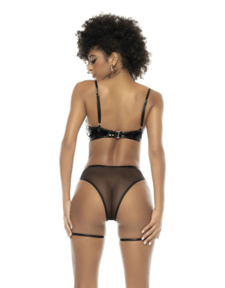 Ensemble 2 pièces, en vinyl et résille noir, soutien gorge seins nus et string avec zip fonctionnel