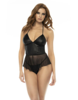 Body effet babydoll Pearl en wetlook noir et résille, bretelles réglables, zip fonctionnel au dos