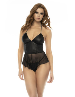 Body effet babydoll Pearl en wetlook noir et résille, bretelles réglables, zip fonctionnel au dos