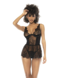 Nuisette noir Raven, en dentelle et résille, avec armatures, bretelles réglables, laçage dans le dos