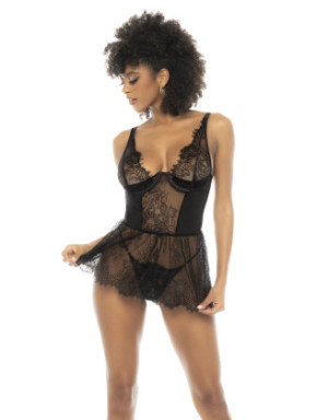 Nuisette noir Raven, en dentelle et résille, avec armatures, bretelles réglables, laçage dans le dos