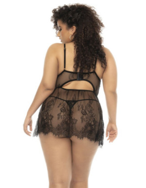 Nuisette noir Selma grande taille, en dentelle, avec armatures et string assorti inclus