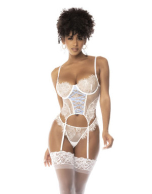 Bustier en dentelle avec armatures Angelique, porte jarretelles amovibles et réglables et string assorti