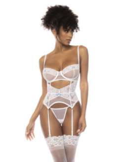 Bustier Chloe en dentelle et résille, avec armatures, porte jarretelles réglables et string assorti