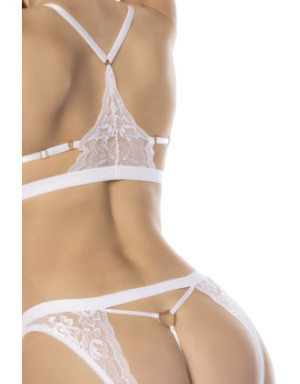 Ensemble 2 pièces blanc Goldie, soutien gorge avec armatures, bretelles réglales et culotte string ouverte