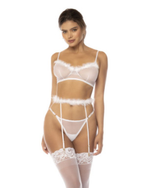 Ensemble 3 pièces blanc Emmie, soutien gorge, porte jarretelles avec fausse fourrure et string assorti