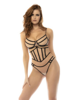 Ensemble 3 pièces noir et chair, en fine résille, soutien gorge avec armatures, serre taille et string assorti