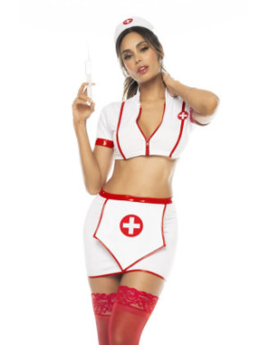 Costume infirmière 3 pièces, top avec zip fonctionnel, jupe et serre tête