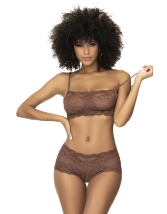 Ensemble 2 pièces en dentelle, top à bretelles et shorty couleur cacao