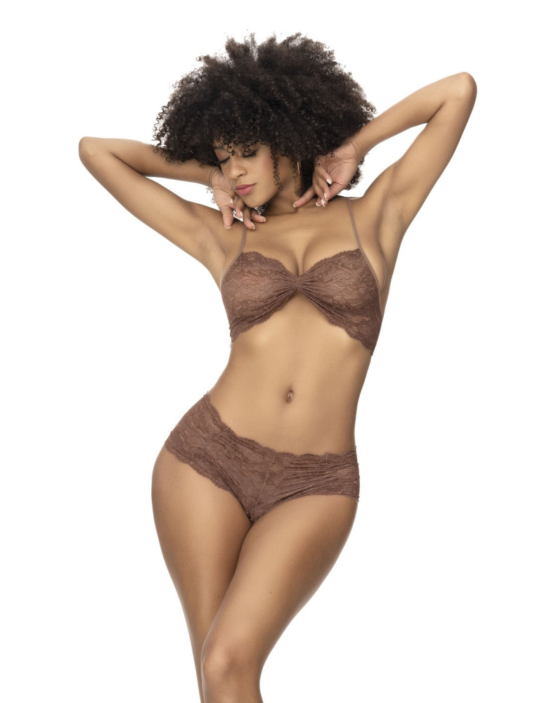 Ensemble 2 pièces, top et tanga en dentelle couleur cacao