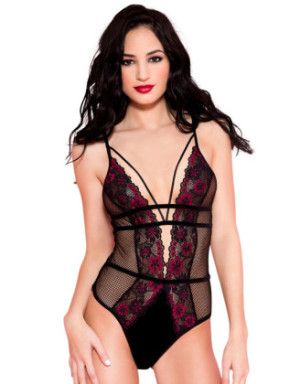 Body noir résille sexy bordures dentelle fleurie et ornements