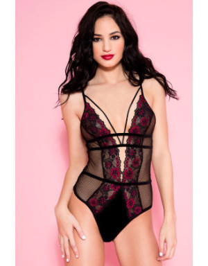 Body noir résille sexy bordures dentelle fleurie et ornements