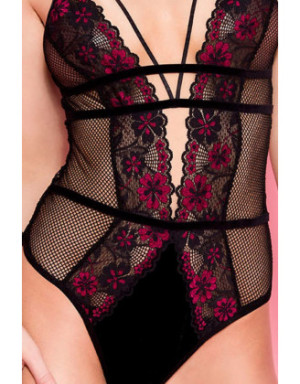 Body noir résille sexy bordures dentelle fleurie et ornements