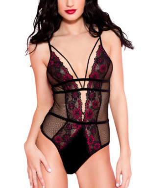 Body noir résille sexy bordures dentelle fleurie et ornements