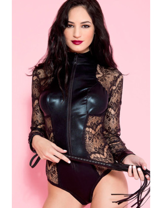 Body noir dentelle à manches longues empiècements devant derrière wetlook